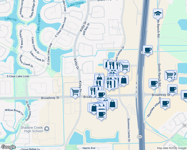 map of restaurants, bars, coffee shops, grocery stores, and more near 11304 Hidden Bay Drive in Pearland