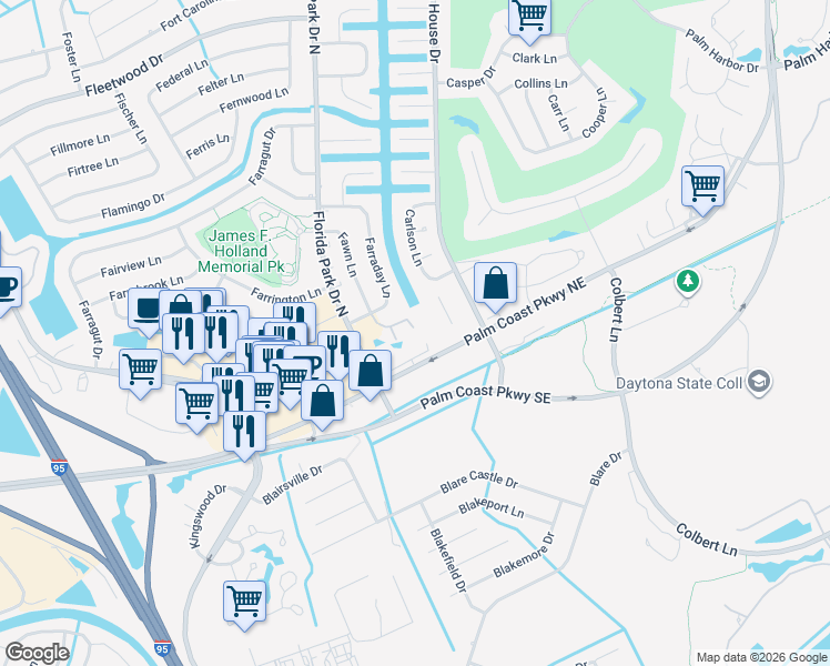 map of restaurants, bars, coffee shops, grocery stores, and more near 32 Sunrise Villas Lane in Palm Coast