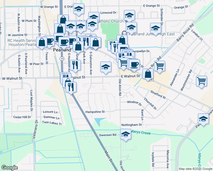 map of restaurants, bars, coffee shops, grocery stores, and more near 2406 Douglas Street in Pearland
