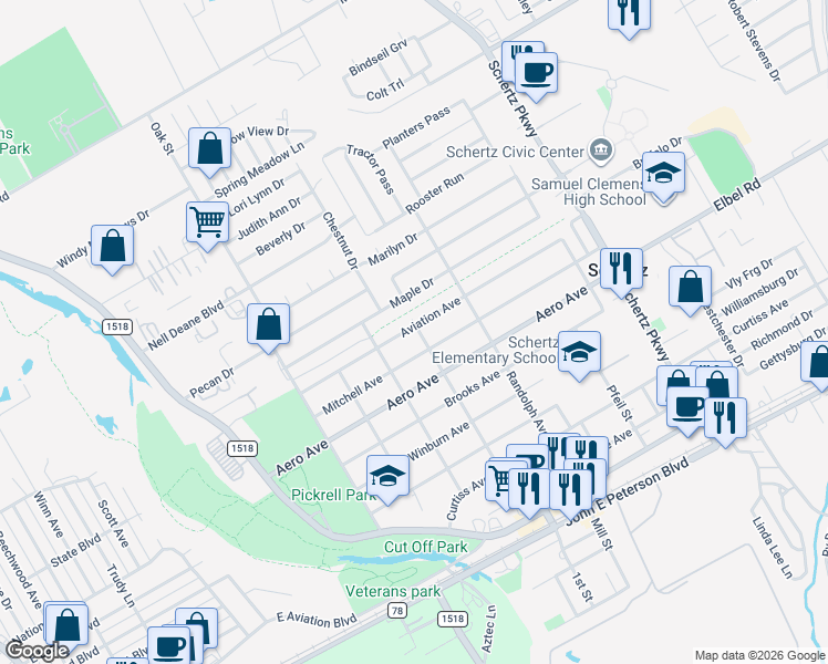 map of restaurants, bars, coffee shops, grocery stores, and more near 412 Aviation Avenue in Schertz