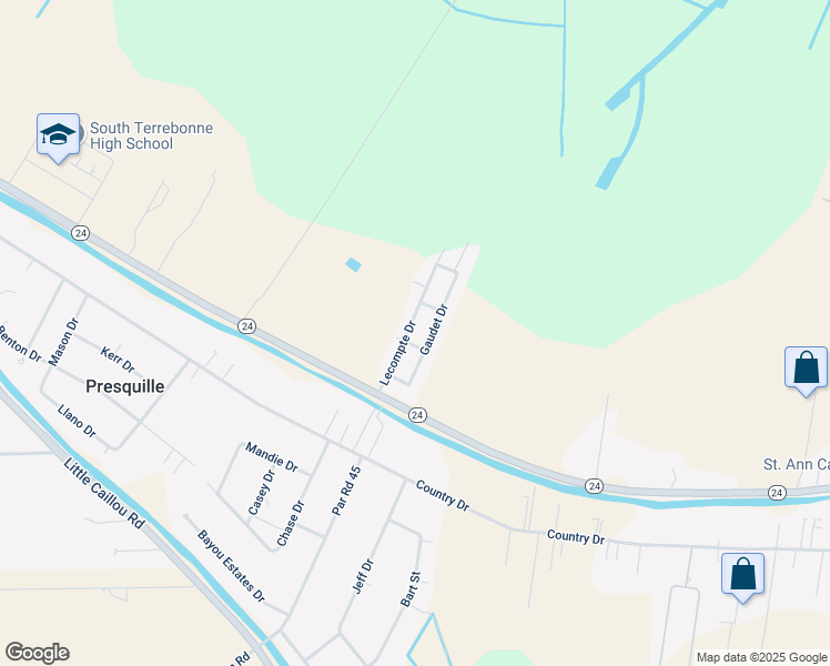 map of restaurants, bars, coffee shops, grocery stores, and more near 124 Lecompte Drive in Bourg