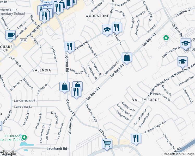 map of restaurants, bars, coffee shops, grocery stores, and more near 13002 Larkyorke Street in San Antonio