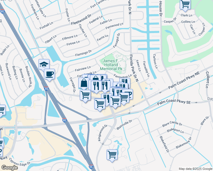 map of restaurants, bars, coffee shops, grocery stores, and more near 24 Veranda Way in Palm Coast