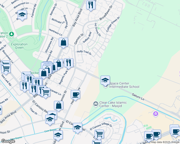 map of restaurants, bars, coffee shops, grocery stores, and more near 17205 Saturn Lane in Houston