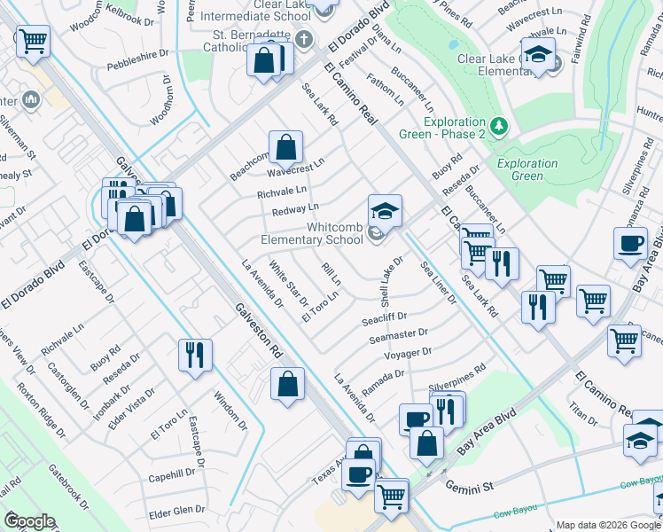 map of restaurants, bars, coffee shops, grocery stores, and more near 16202 Thunderbay Drive in Houston
