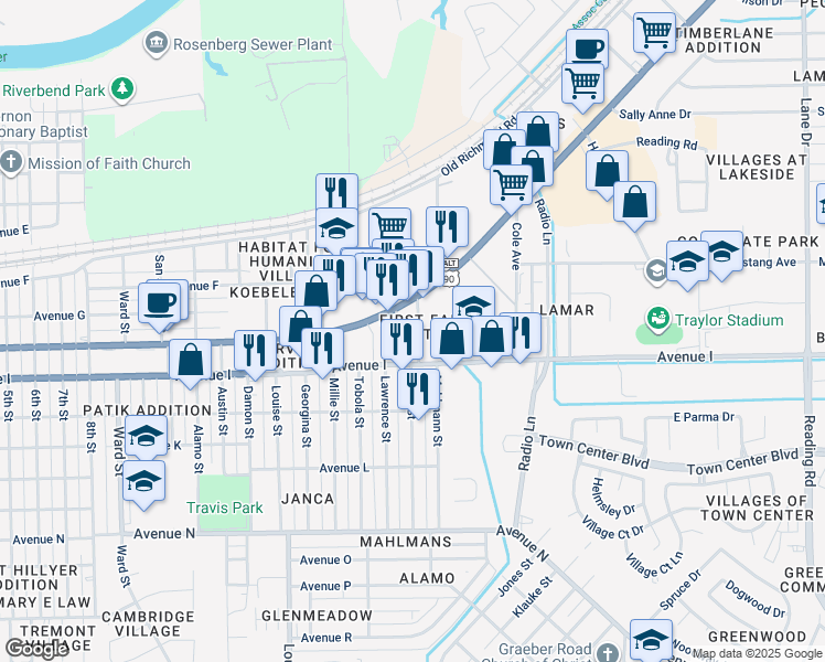 map of restaurants, bars, coffee shops, grocery stores, and more near 1019 Miles Street in Rosenberg