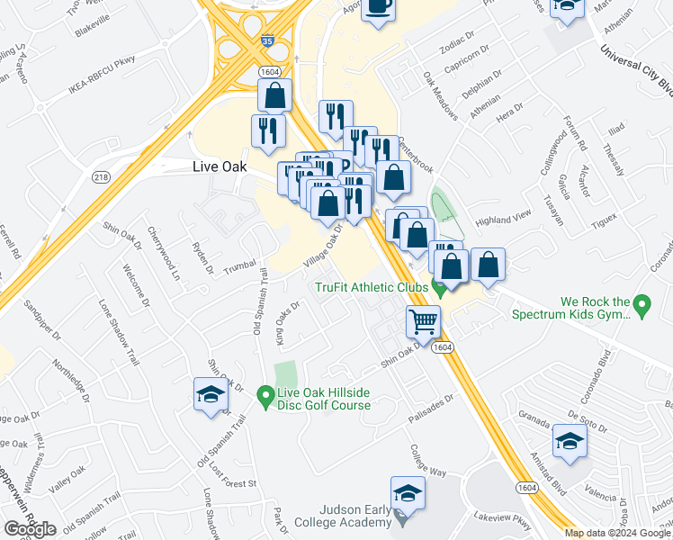 map of restaurants, bars, coffee shops, grocery stores, and more near 1 Oak Terrace Drive in Live Oak