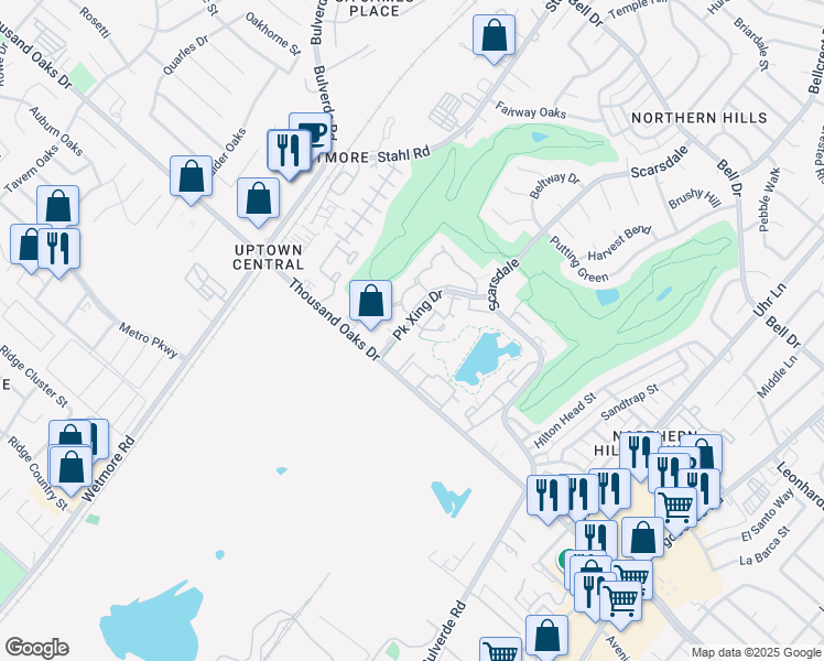 map of restaurants, bars, coffee shops, grocery stores, and more near 12870 Park Crossing Drive in San Antonio