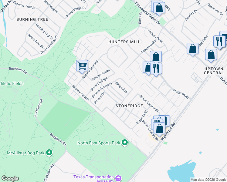 map of restaurants, bars, coffee shops, grocery stores, and more near 3412 Ridge Smoke in San Antonio