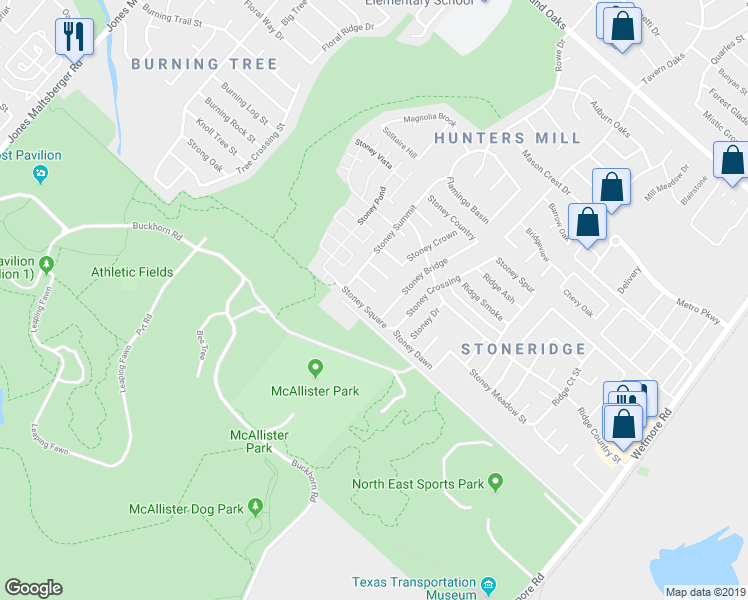 map of restaurants, bars, coffee shops, grocery stores, and more near 3321 Stoney Square in San Antonio