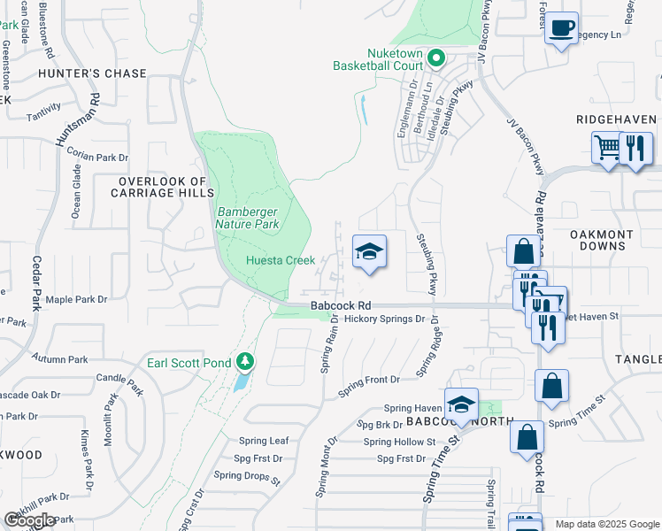 map of restaurants, bars, coffee shops, grocery stores, and more near 12334 Abbey Garden in San Antonio