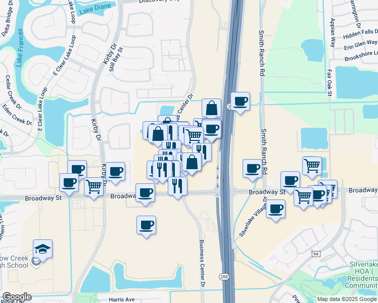 map of restaurants, bars, coffee shops, grocery stores, and more near 2805 Business Center Drive in Pearland