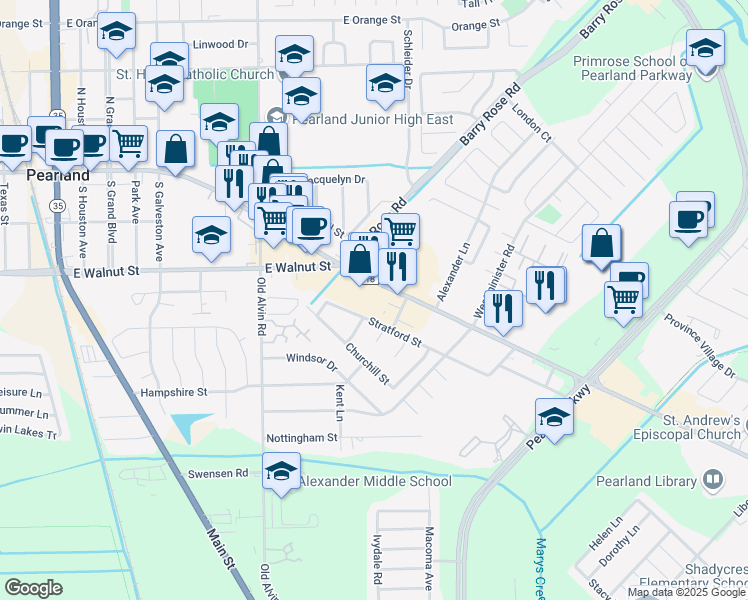 map of restaurants, bars, coffee shops, grocery stores, and more near 3218 Broadway Street in Pearland