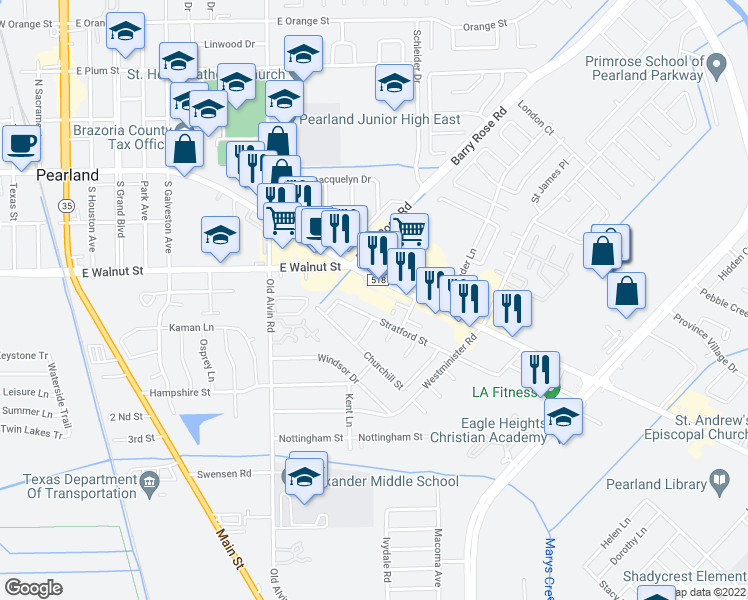 map of restaurants, bars, coffee shops, grocery stores, and more near 3218 Broadway Street in Pearland