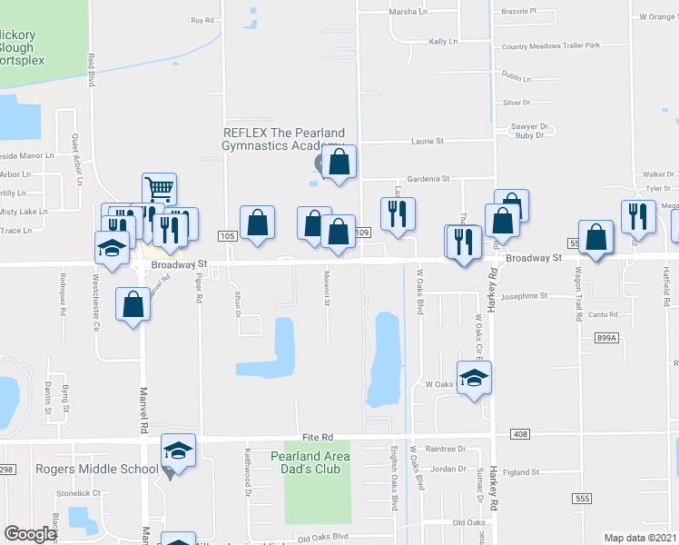 map of restaurants, bars, coffee shops, grocery stores, and more near 6622 Broadway street in Pearland