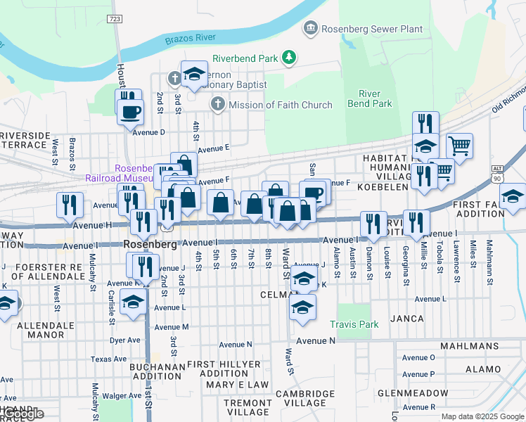 map of restaurants, bars, coffee shops, grocery stores, and more near 2413 Avenue H in Rosenberg