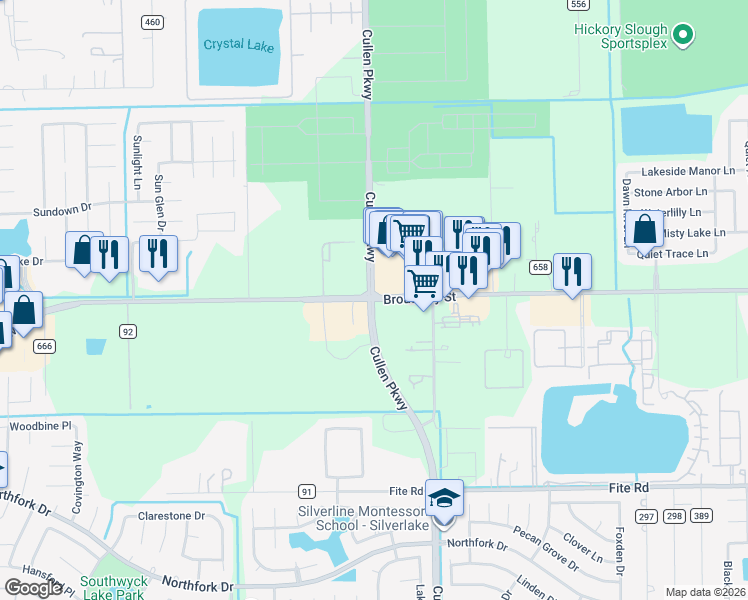 map of restaurants, bars, coffee shops, grocery stores, and more near 8498 West Broadway Street in Pearland