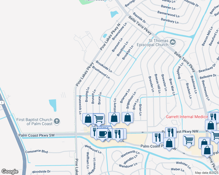 map of restaurants, bars, coffee shops, grocery stores, and more near 68 Bruce Lane in Palm Coast