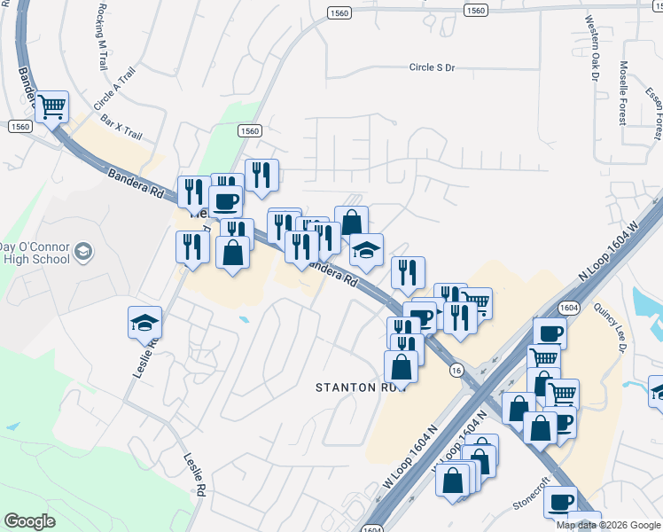 map of restaurants, bars, coffee shops, grocery stores, and more near Bandera Rd in San Antonio