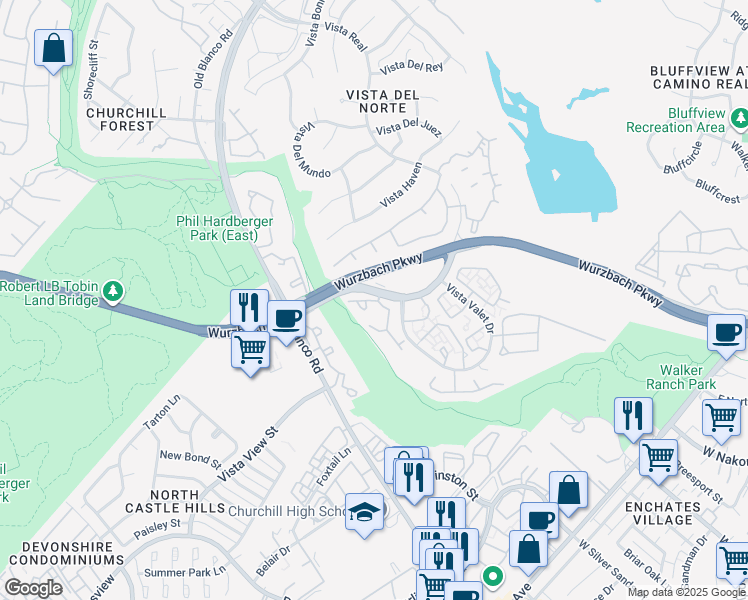 map of restaurants, bars, coffee shops, grocery stores, and more near 12727 Vista Del Norte in San Antonio