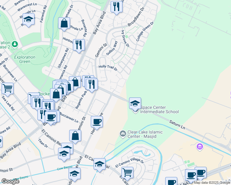 map of restaurants, bars, coffee shops, grocery stores, and more near 17205 Saturn Lane in Houston