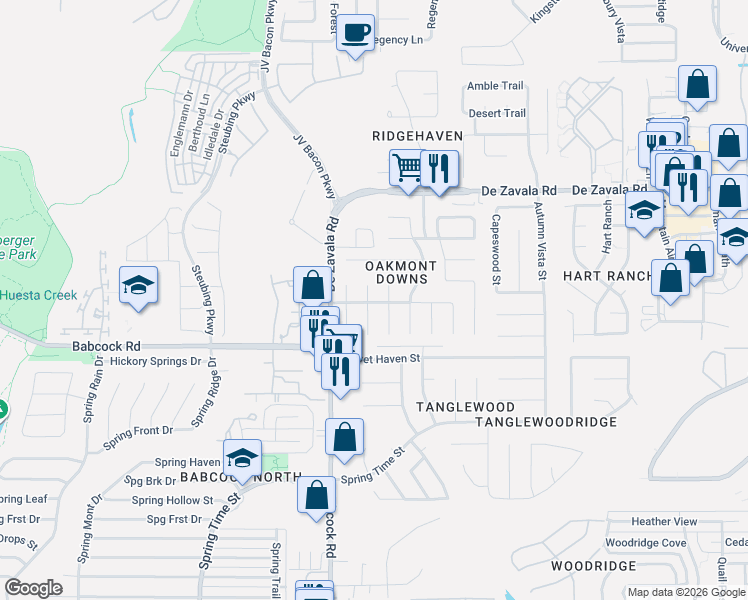 map of restaurants, bars, coffee shops, grocery stores, and more near 12302 Stable Square Dr in San Antonio