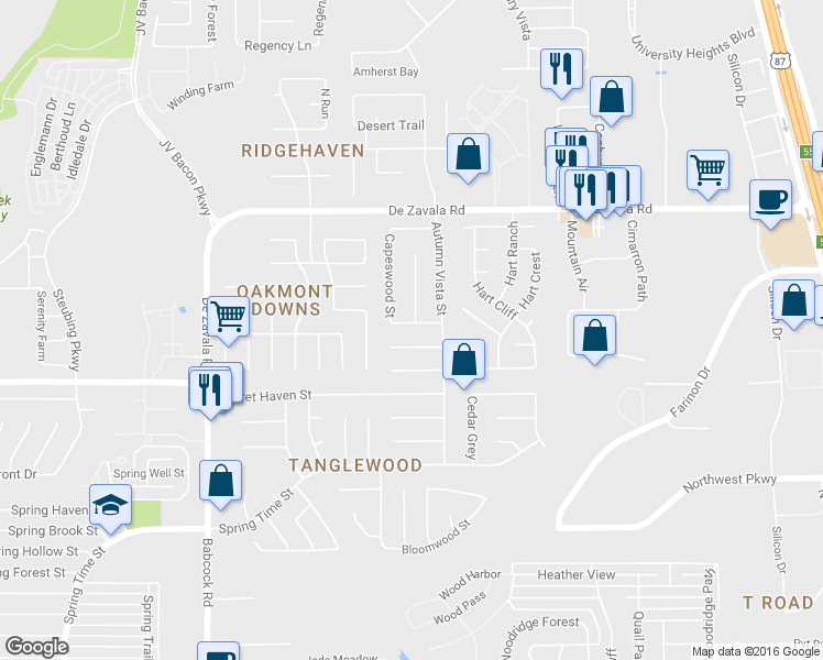 map of restaurants, bars, coffee shops, grocery stores, and more near 6122 Lyngrove Street in San Antonio