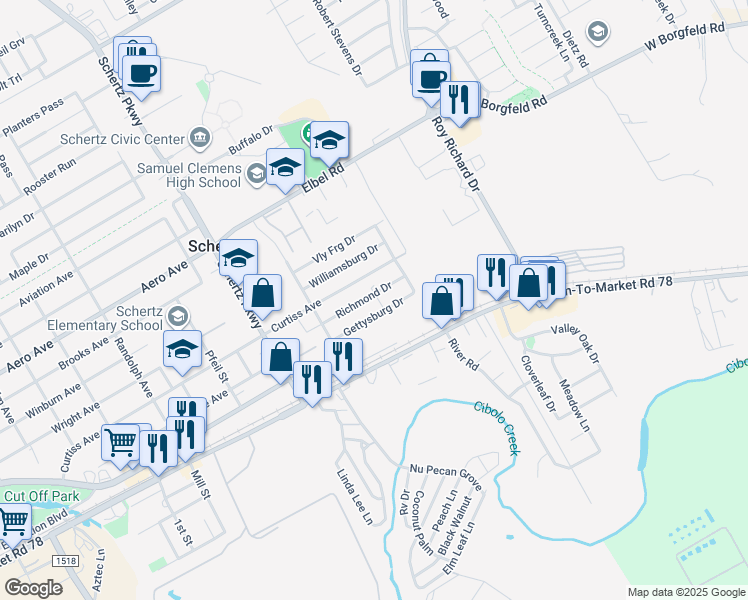 map of restaurants, bars, coffee shops, grocery stores, and more near 1044 Richmond Drive in Schertz