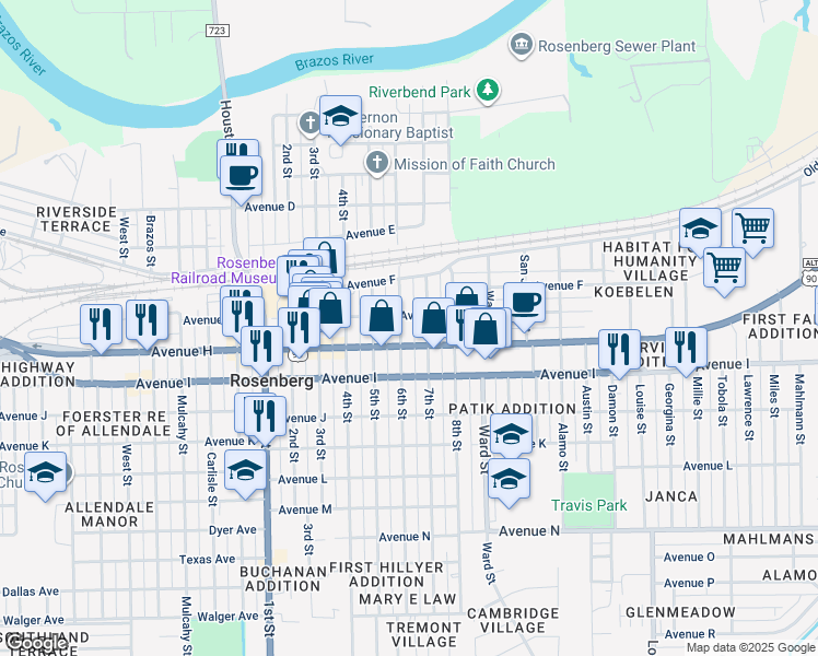 map of restaurants, bars, coffee shops, grocery stores, and more near 909 6th Street in Rosenberg