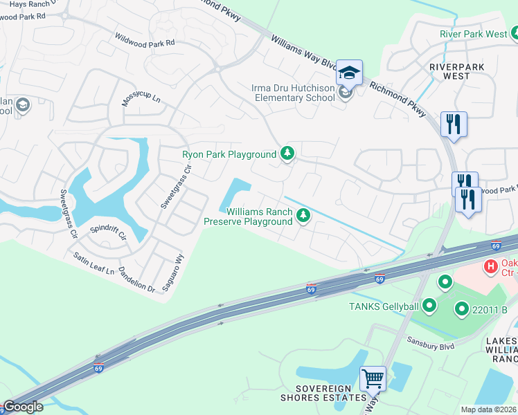 map of restaurants, bars, coffee shops, grocery stores, and more near 1723 Clifton Hills Lane in Richmond