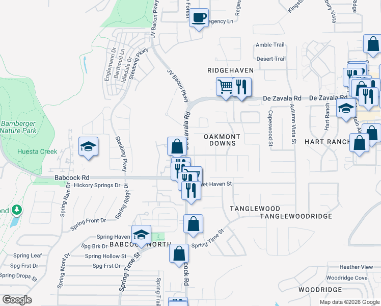 map of restaurants, bars, coffee shops, grocery stores, and more near 12303 Stable Pond Dr in San Antonio
