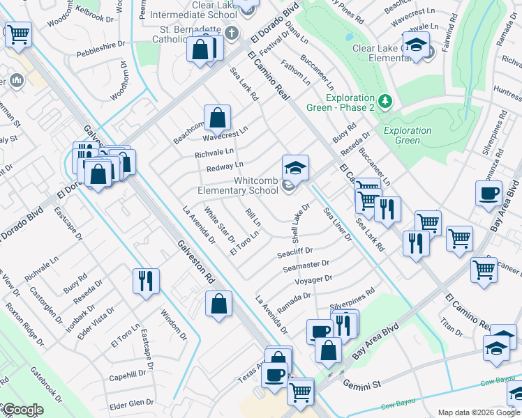 map of restaurants, bars, coffee shops, grocery stores, and more near 16202 Thunderbay Drive in Houston