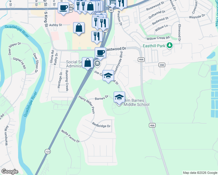 map of restaurants, bars, coffee shops, grocery stores, and more near 1539 Joe Carrillo Boulevard in Seguin