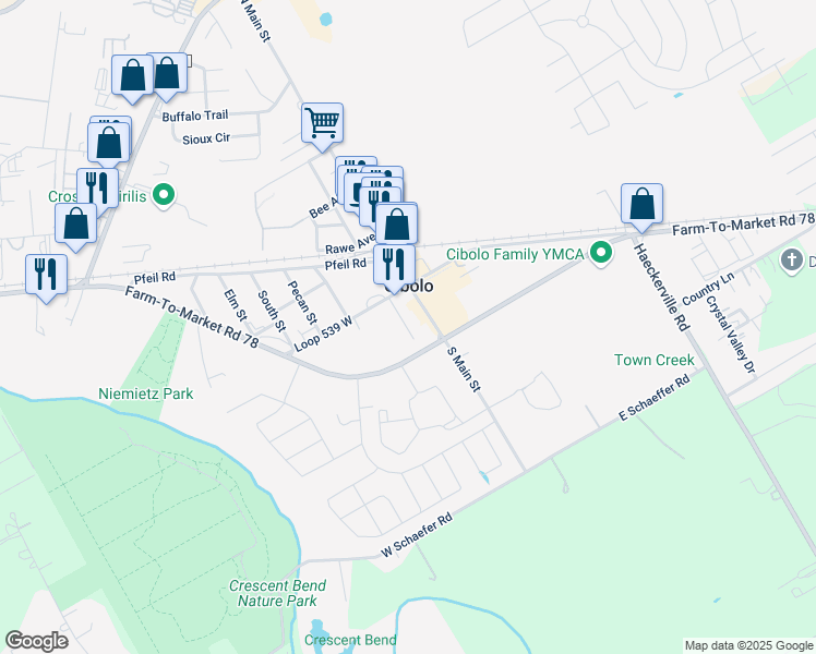 map of restaurants, bars, coffee shops, grocery stores, and more near 210 Meek Street in Cibolo