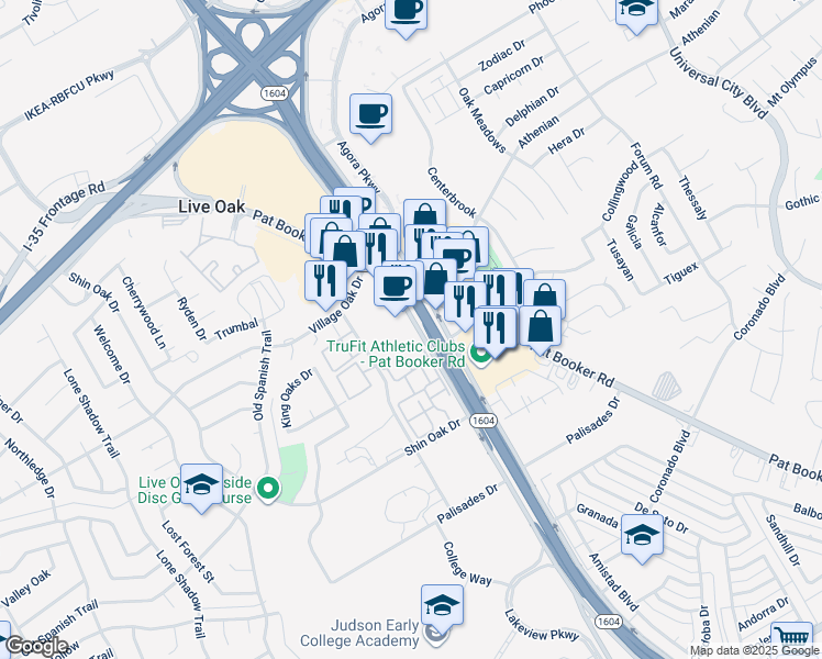 map of restaurants, bars, coffee shops, grocery stores, and more near 13101 Texas 1604 Loop in Live Oak