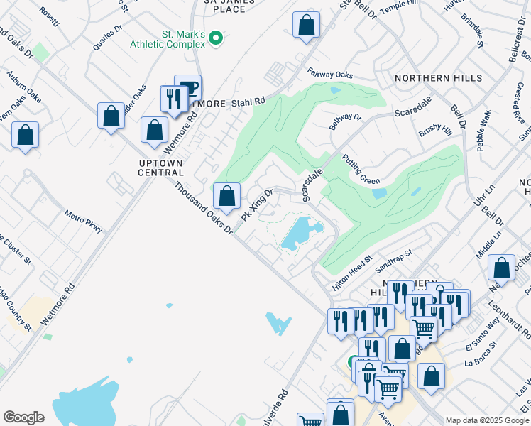 map of restaurants, bars, coffee shops, grocery stores, and more near 12930 Park Crossing in San Antonio