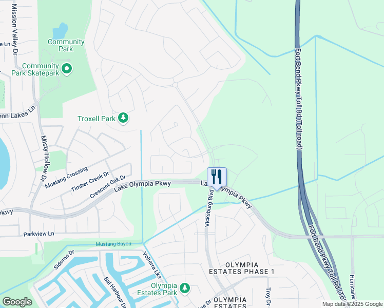map of restaurants, bars, coffee shops, grocery stores, and more near 4235 Blossom Bend Lane in Missouri City