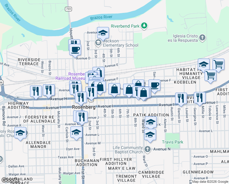 map of restaurants, bars, coffee shops, grocery stores, and more near 909 6th Street in Rosenberg
