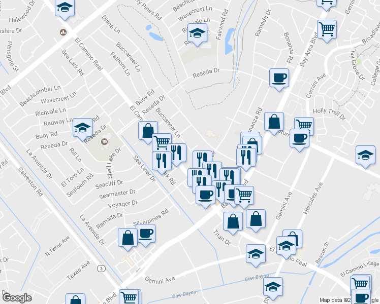 map of restaurants, bars, coffee shops, grocery stores, and more near 41 Buccaneer Lane in Houston