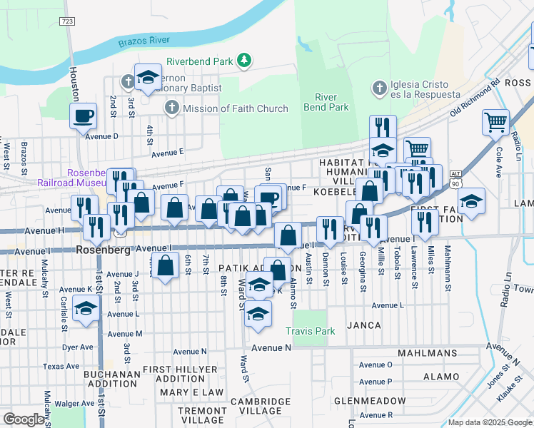 map of restaurants, bars, coffee shops, grocery stores, and more near 906 San Jacinto Street in Rosenberg