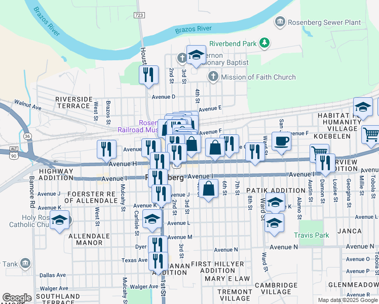 map of restaurants, bars, coffee shops, grocery stores, and more near 911A 3rd Street in Rosenberg