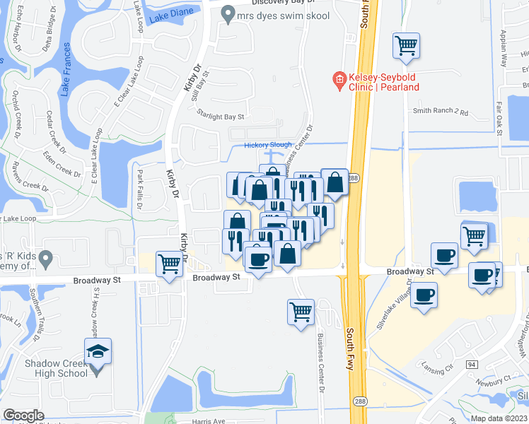 map of restaurants, bars, coffee shops, grocery stores, and more near 2674 Business Center Drive in Pearland