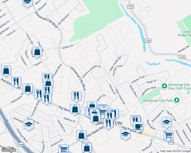 map of restaurants, bars, coffee shops, grocery stores, and more near 105 Willow Wisp Rd in Universal City