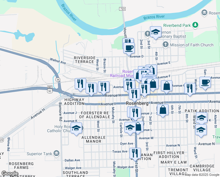 map of restaurants, bars, coffee shops, grocery stores, and more near 908 Mulcahy Street in Rosenberg