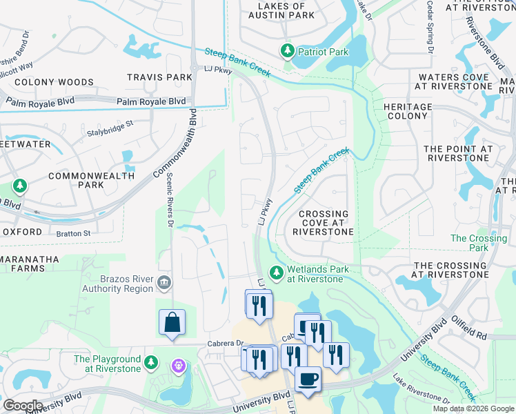 map of restaurants, bars, coffee shops, grocery stores, and more near 4603 Quiet Manor Lane in Sugar Land