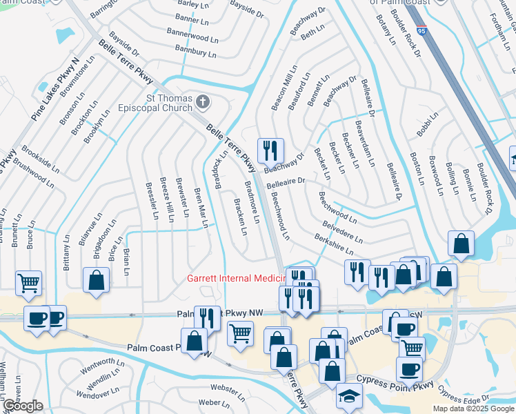 map of restaurants, bars, coffee shops, grocery stores, and more near 42 Bradmore Lane in Palm Coast