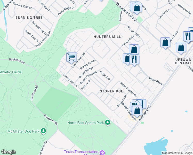 map of restaurants, bars, coffee shops, grocery stores, and more near 3412 Ridge Smoke in San Antonio