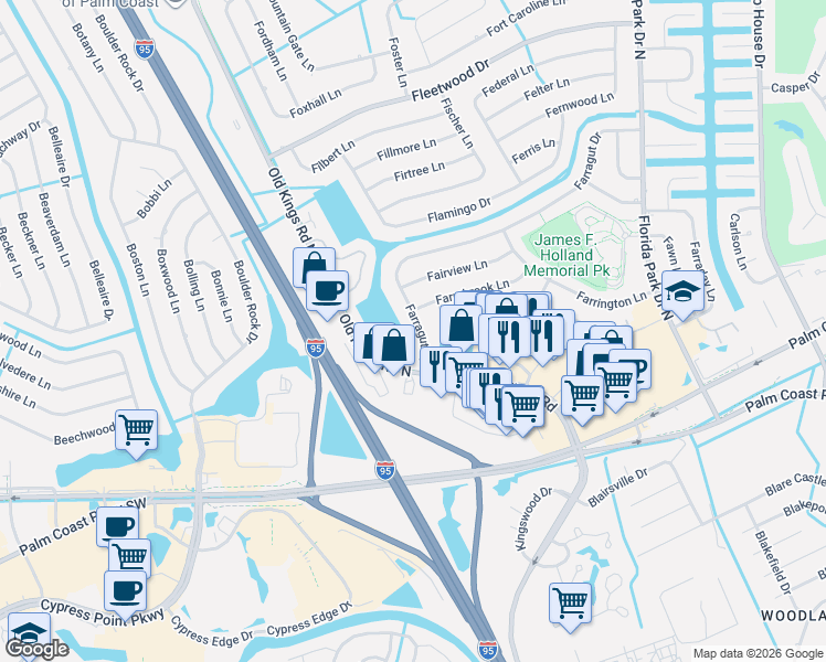 map of restaurants, bars, coffee shops, grocery stores, and more near 82 Farragut Drive in Palm Coast