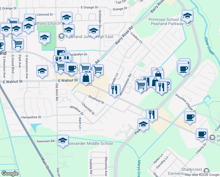 map of restaurants, bars, coffee shops, grocery stores, and more near 2585 Alexander Lane in Pearland