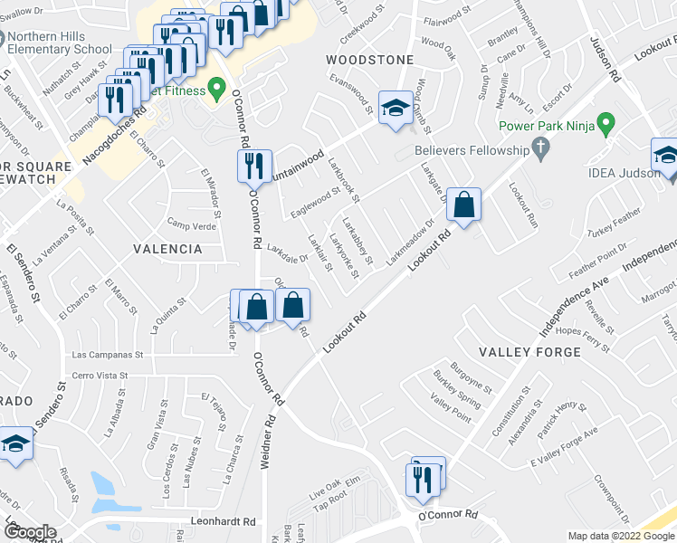 map of restaurants, bars, coffee shops, grocery stores, and more near 13018 Larklair Street in San Antonio